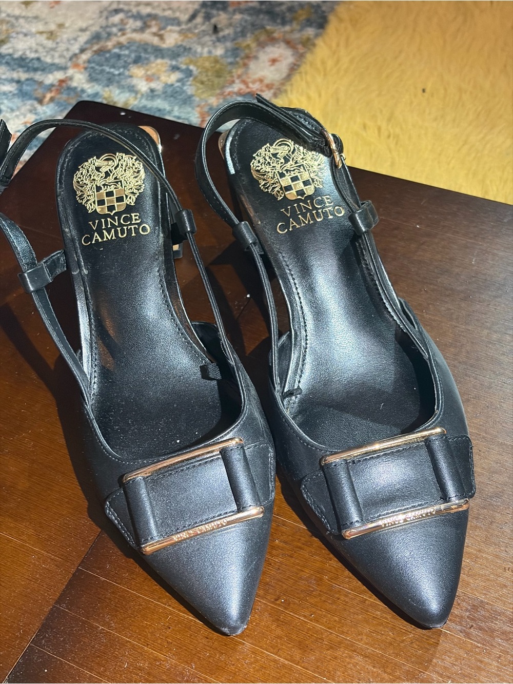 Vince Camuto Black Pointed Toe Slingback Pumps with Buckle Detail - Picture 2 of 12